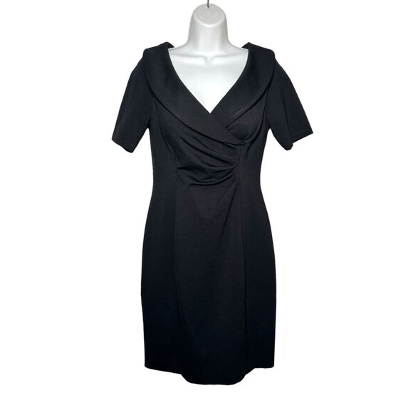 Kay Unger New York Black Shawl Collar Ruched Sheath Knit Mini Dress Size 8 - Picture 2 of 12